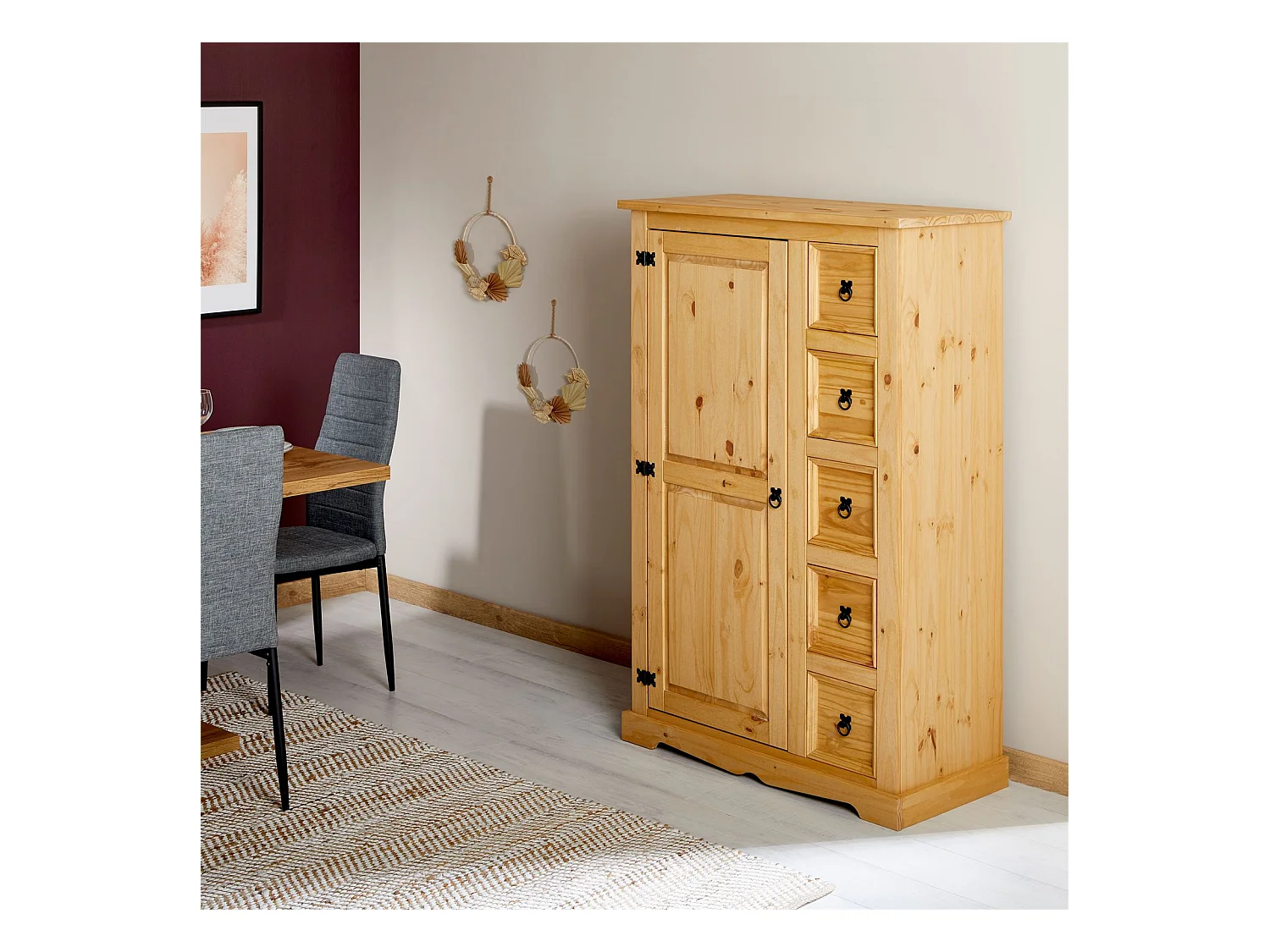 Buffet salle à manger apothicaire TEQUILA L 95 cm en bois massif coloris naturel avec 1 porte battante et 5 tiroirs