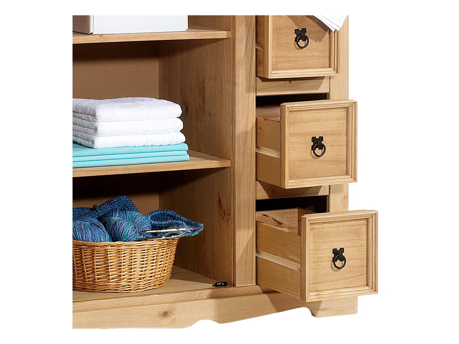 Buffet salle à manger apothicaire TEQUILA L 95 cm en bois massif coloris naturel avec 1 porte battante et 5 tiroirs