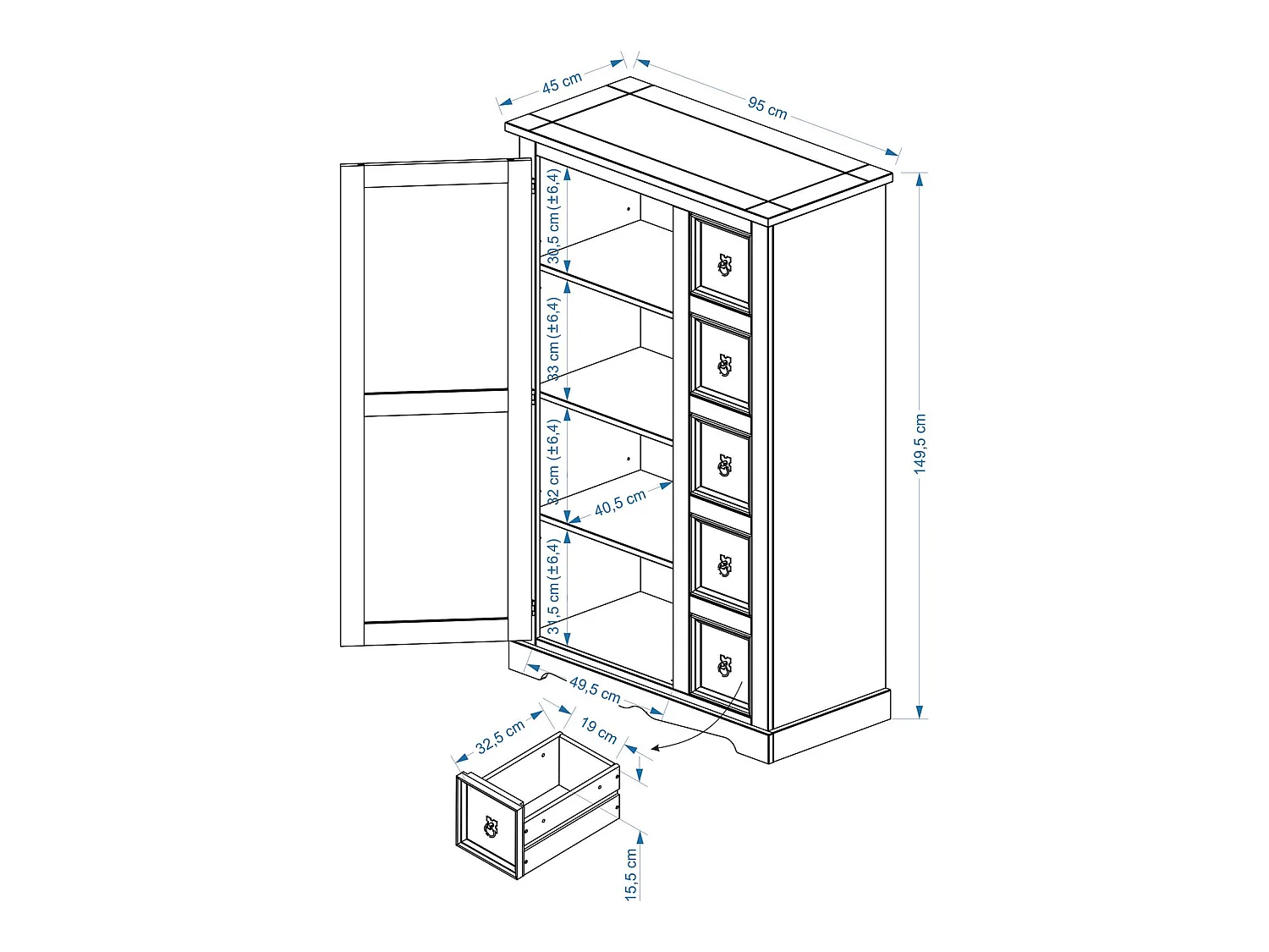 Buffet salle à manger apothicaire TEQUILA L 95 cm en bois massif coloris naturel avec 1 porte battante et 5 tiroirs
