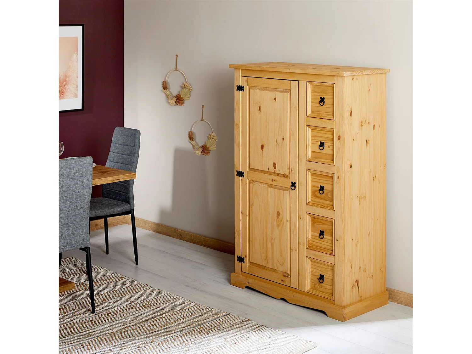 Buffet salle à manger apothicaire TEQUILA L 95 cm en bois massif coloris naturel avec 1 porte battante et 5 tiroirs