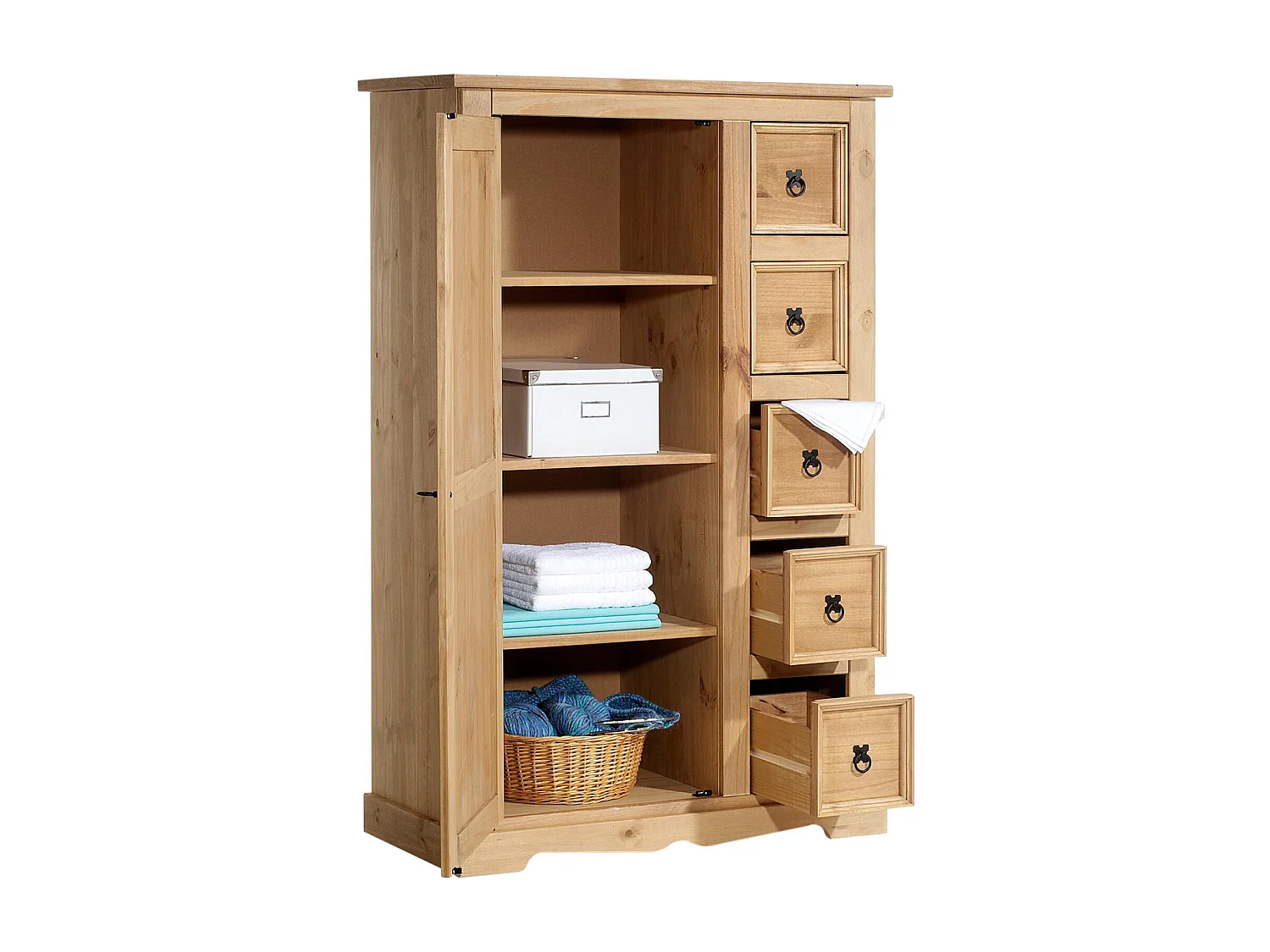 Buffet salle à manger apothicaire TEQUILA L 95 cm en bois massif coloris naturel avec 1 porte battante et 5 tiroirs