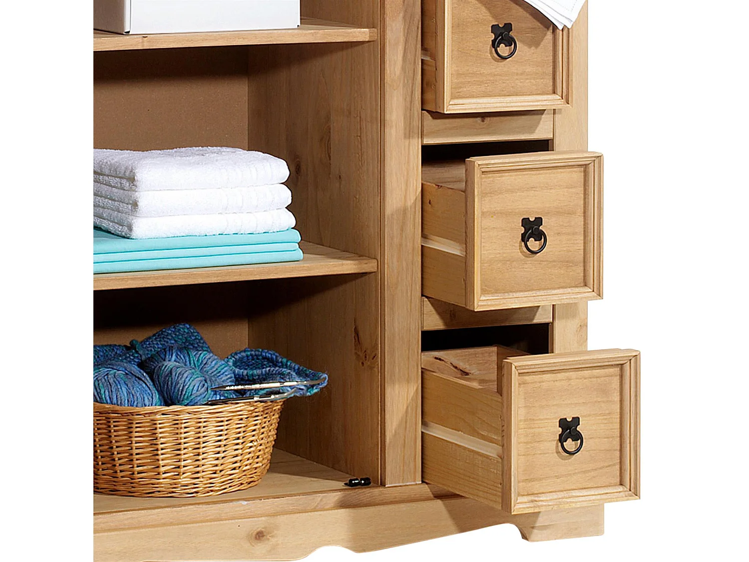 Buffet salle à manger apothicaire TEQUILA L 95 cm en bois massif coloris naturel avec 1 porte battante et 5 tiroirs