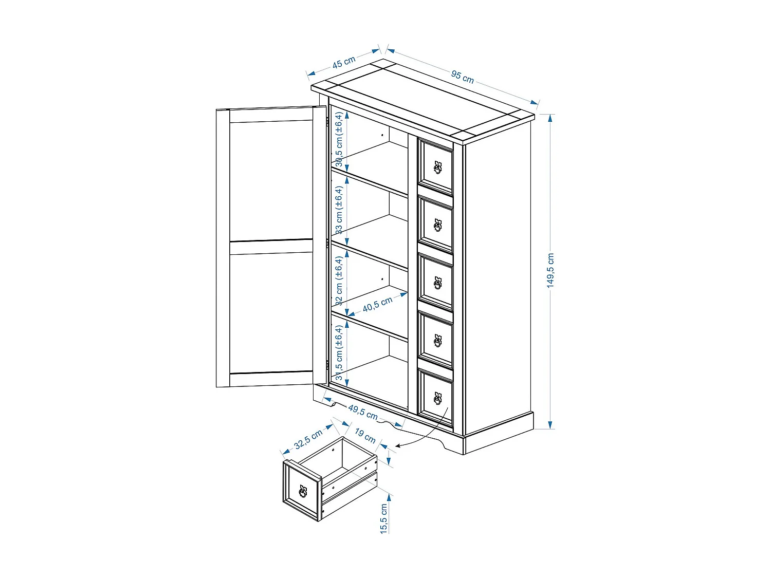 Buffet salle à manger apothicaire TEQUILA L 95 cm en bois massif coloris naturel avec 1 porte battante et 5 tiroirs