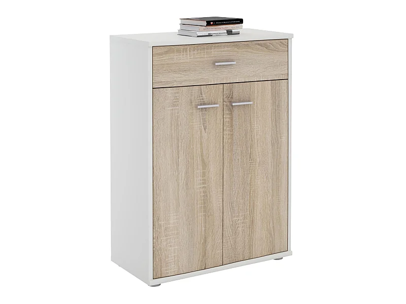 Buffet CALAIS, commode meuble de rangement avec 1 tiroir et 2 portes, en mélaminé blanc mat et décor chêne sonoma
