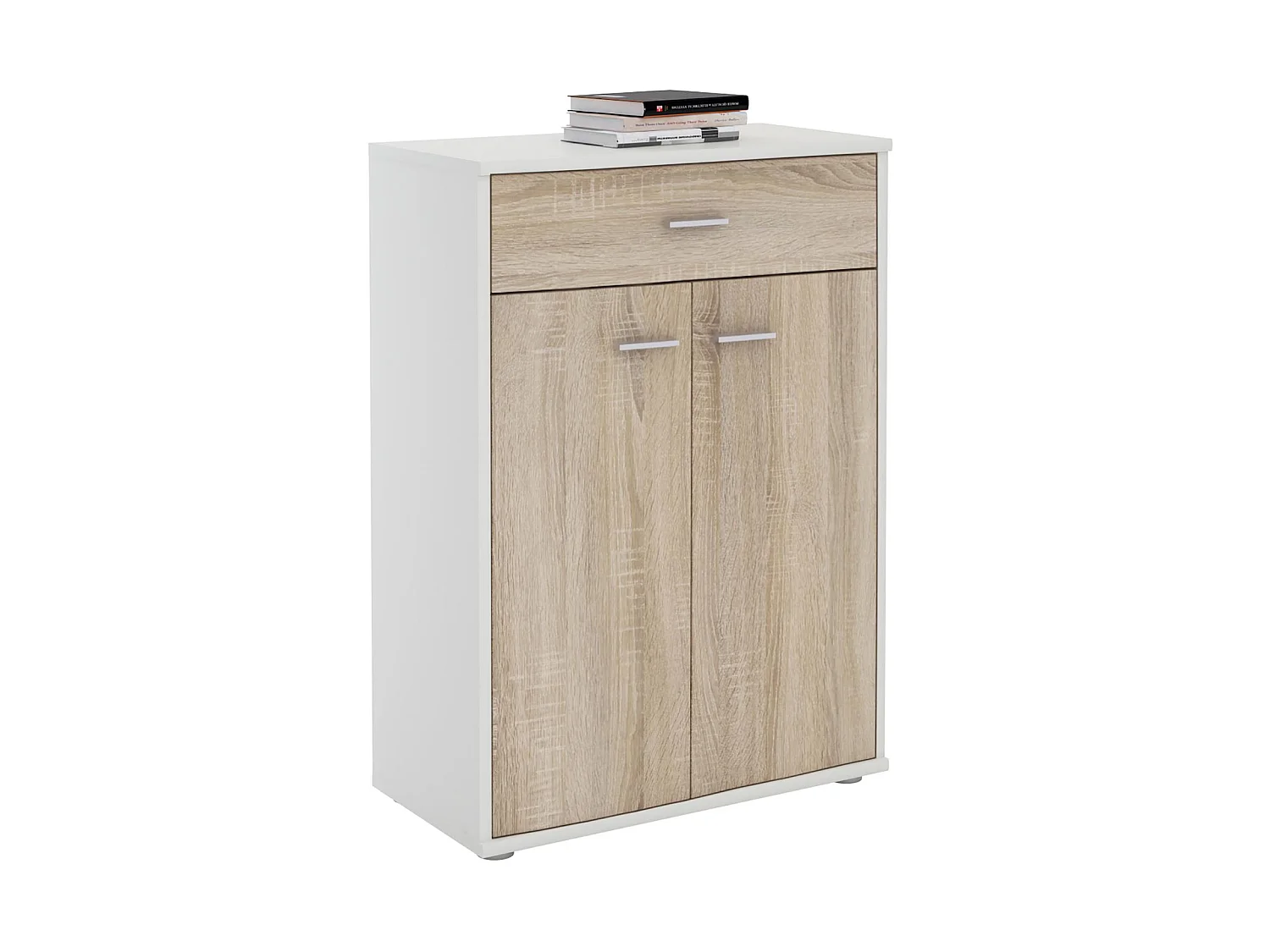 Buffet CALAIS, commode meuble de rangement avec 1 tiroir et 2 portes, en mélaminé blanc mat et décor chêne sonoma