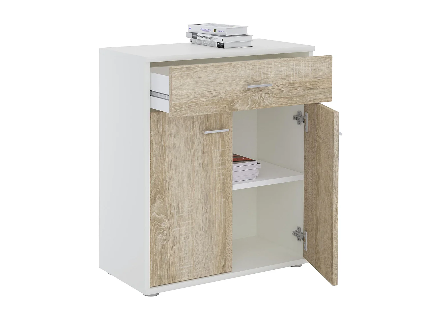 Buffet CALAIS, commode meuble de rangement avec 1 tiroir et 2 portes, en mélaminé blanc mat et décor chêne sonoma