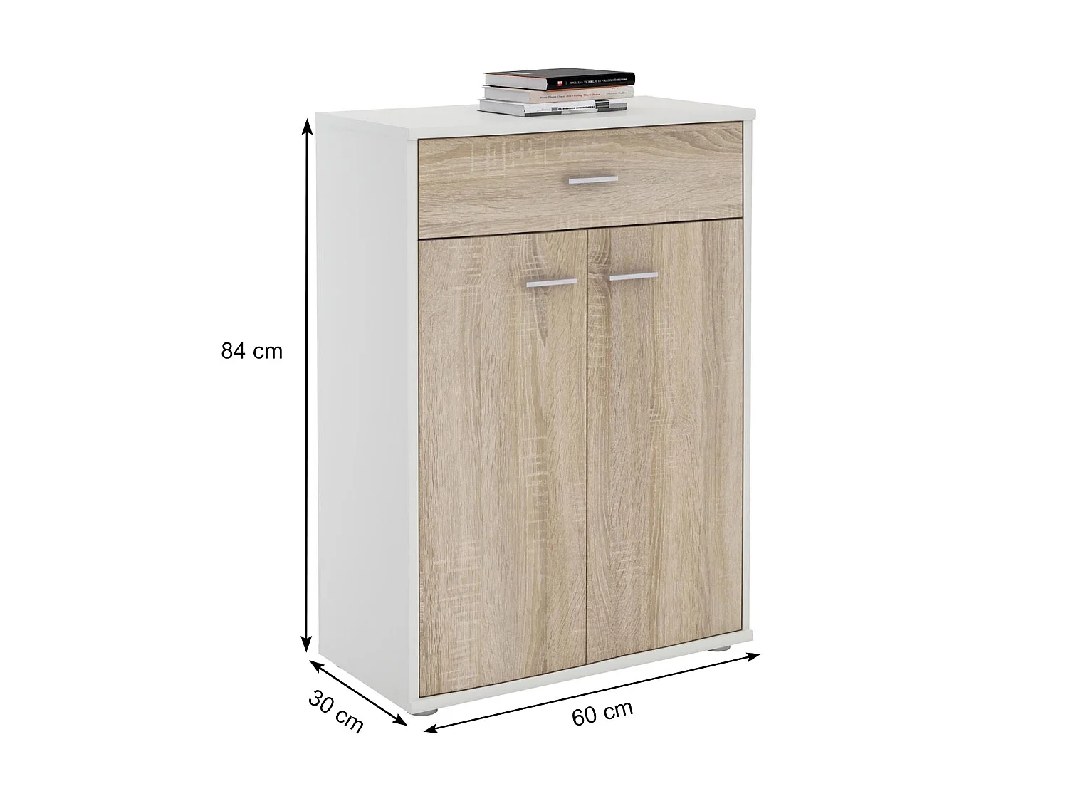 Buffet CALAIS, commode meuble de rangement avec 1 tiroir et 2 portes, en mélaminé blanc mat et décor chêne sonoma