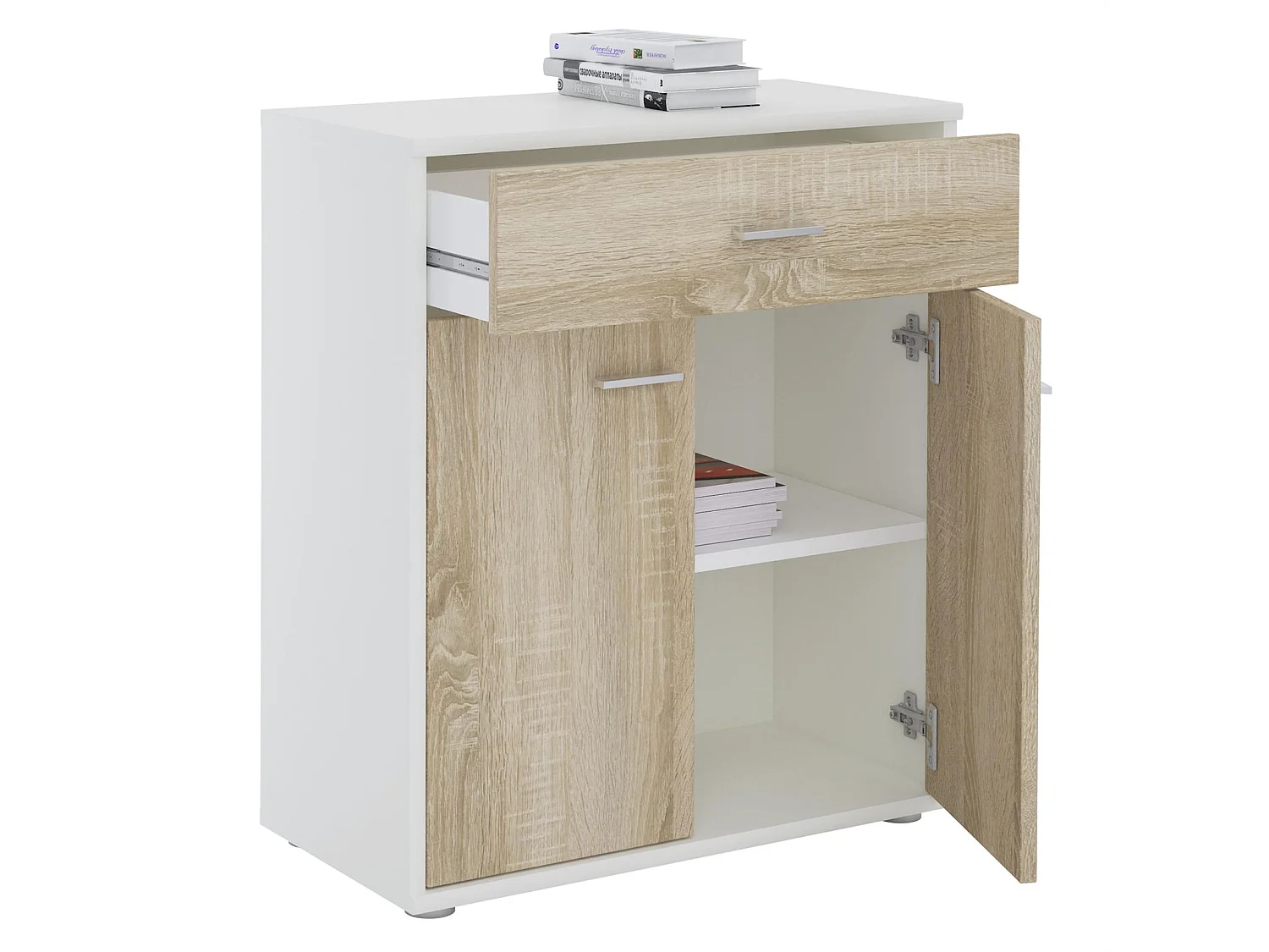Buffet CALAIS, commode meuble de rangement avec 1 tiroir et 2 portes, en mélaminé blanc mat et décor chêne sonoma
