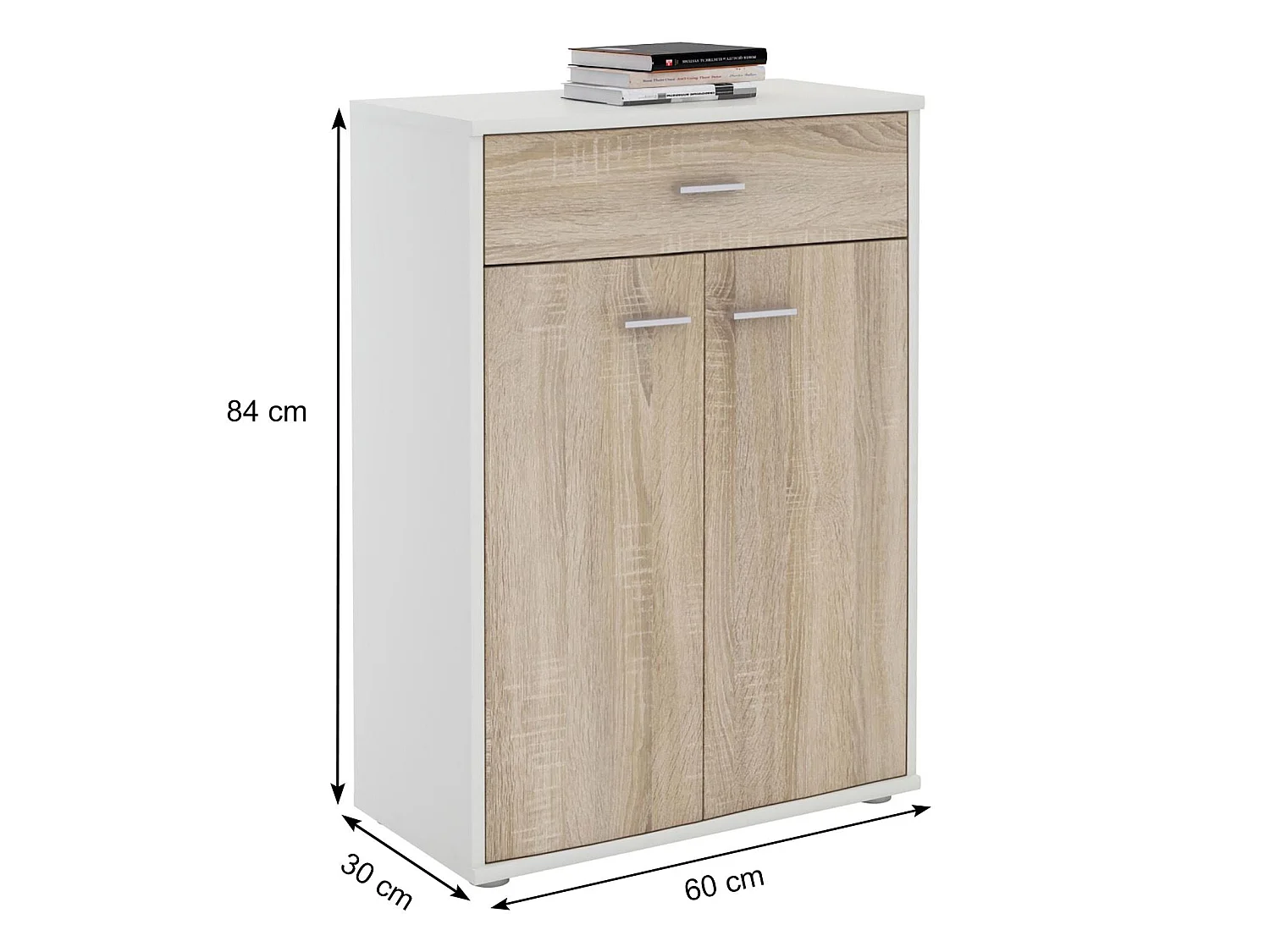 Buffet CALAIS, commode meuble de rangement avec 1 tiroir et 2 portes, en mélaminé blanc mat et décor chêne sonoma