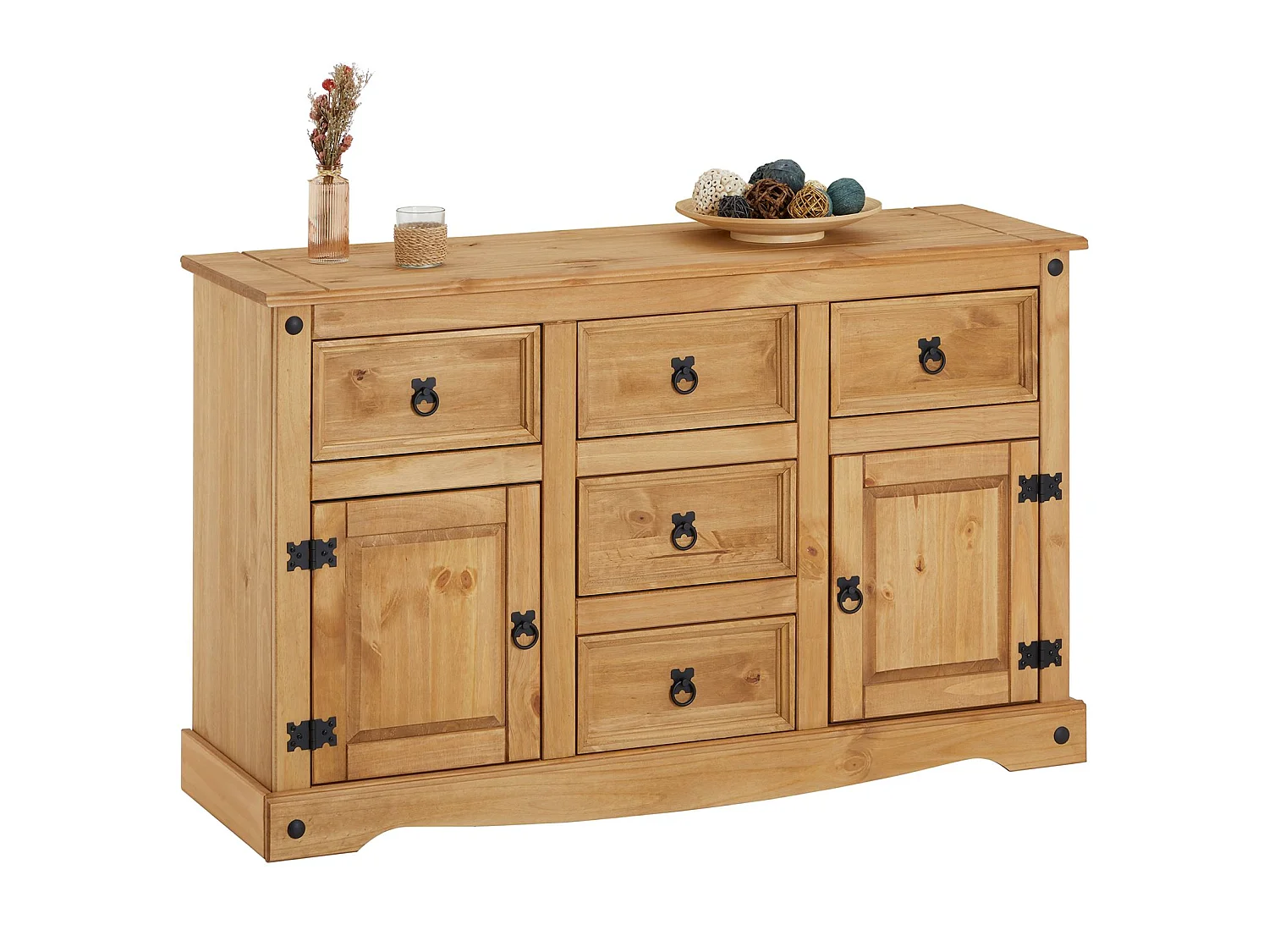 Buffet SALSA commode bahut vaisselier en bois style mexicain avec 2 portes et 5 tiroirs, en pin massif finition teintée/cirée