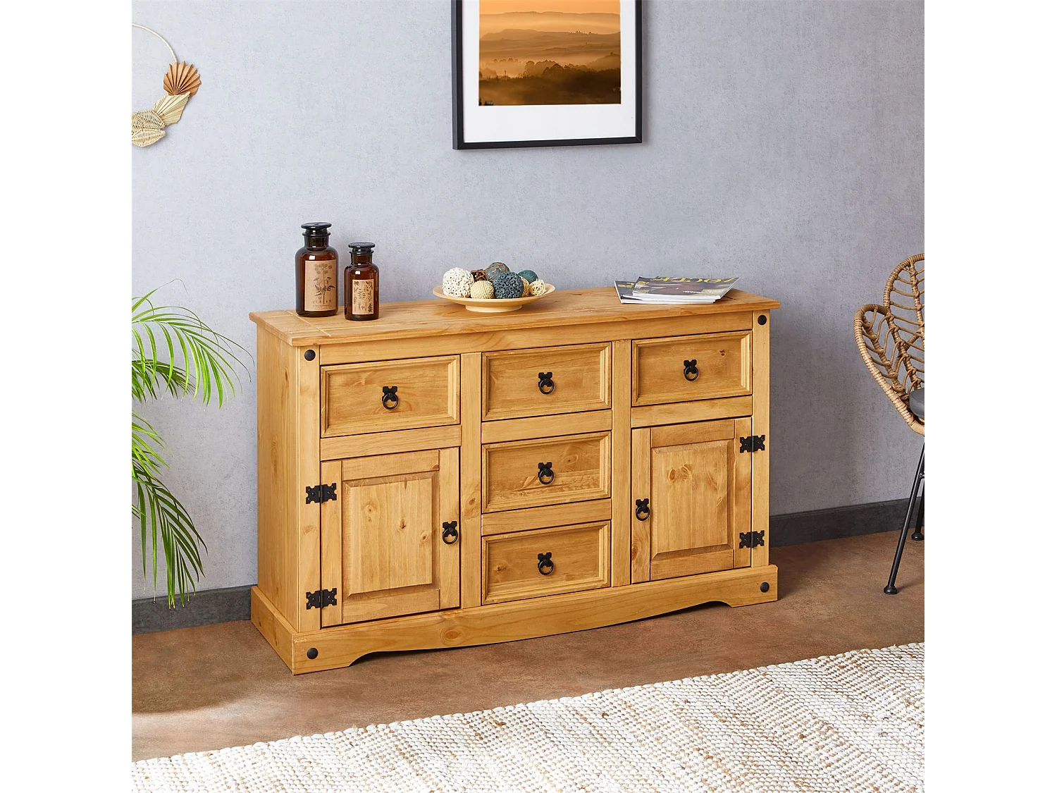 Buffet SALSA commode bahut vaisselier en bois style mexicain avec 2 portes et 5 tiroirs, en pin massif finition teintée/cirée
