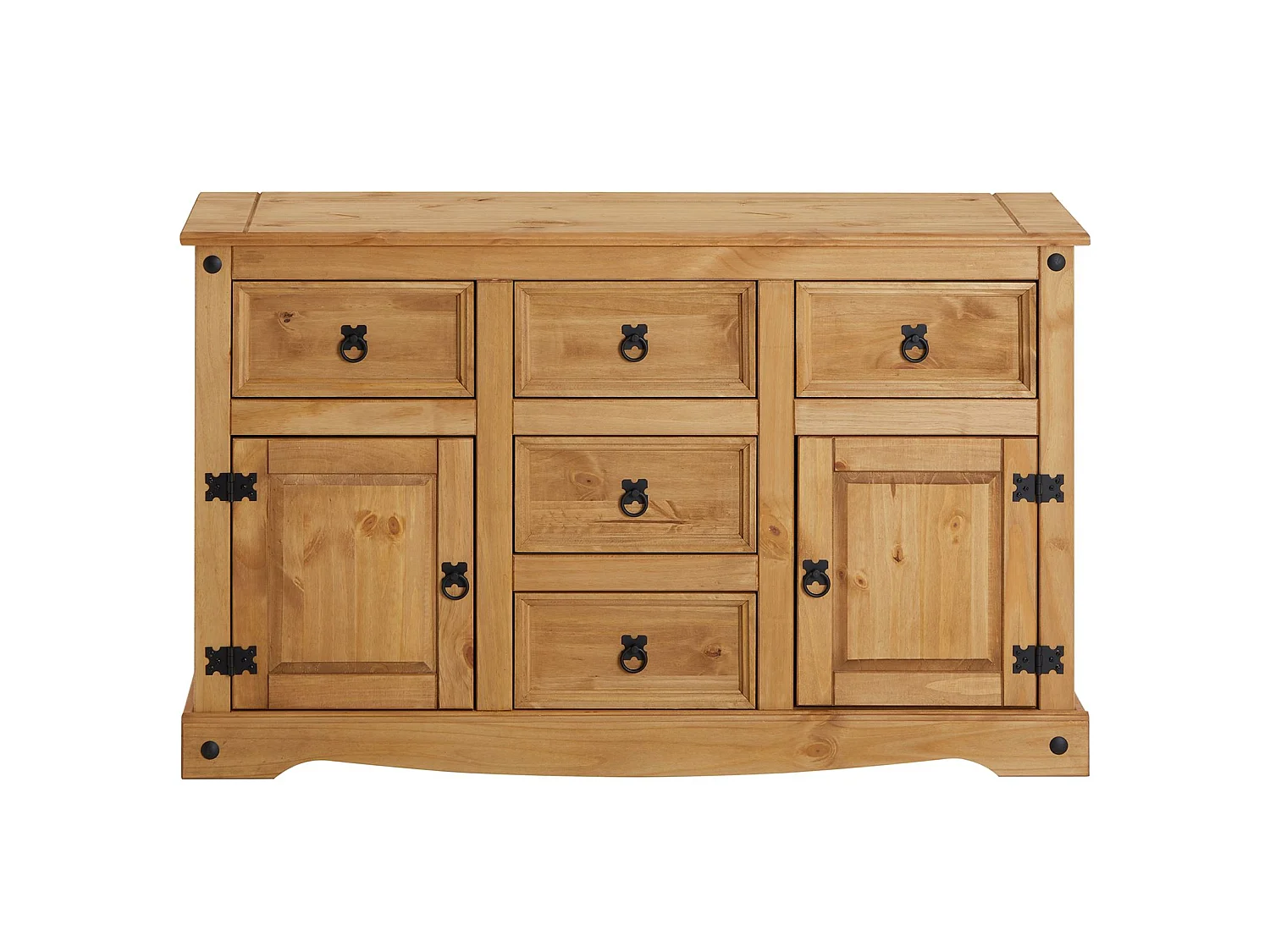 Buffet SALSA commode bahut vaisselier en bois style mexicain avec 2 portes et 5 tiroirs, en pin massif finition teintée/cirée