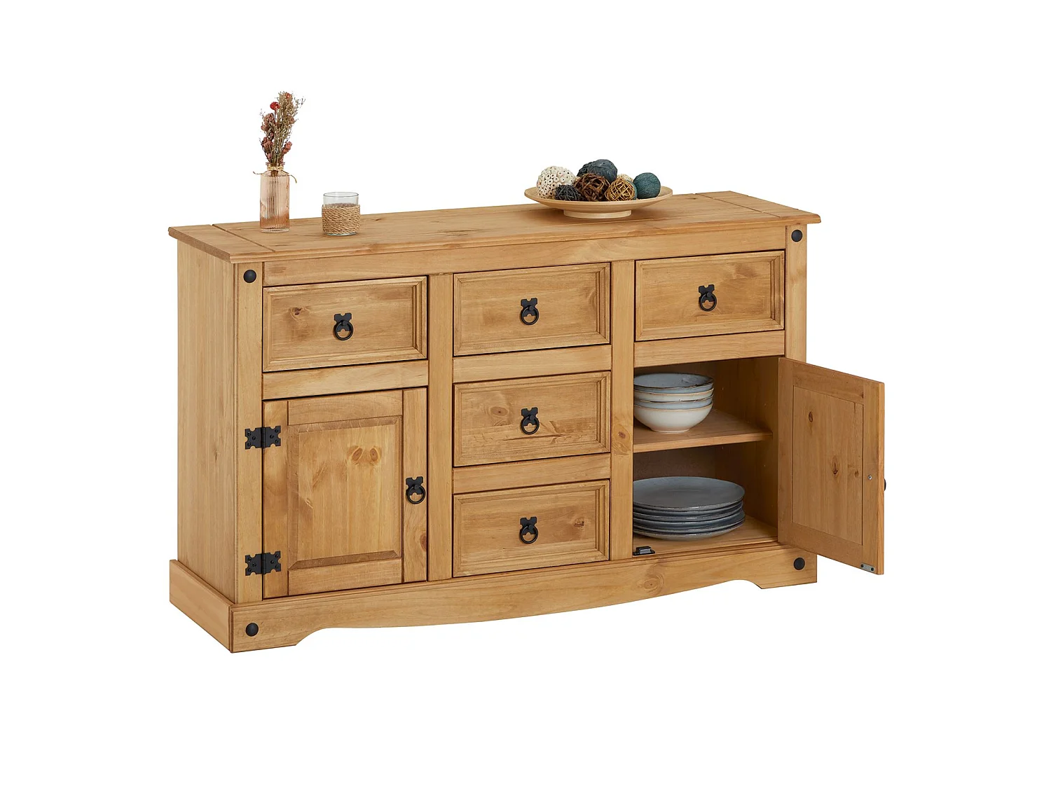 Buffet SALSA commode bahut vaisselier en bois style mexicain avec 2 portes et 5 tiroirs, en pin massif finition teintée/cirée