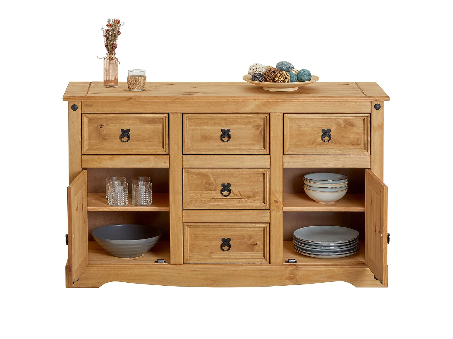 Buffet SALSA commode bahut vaisselier en bois style mexicain avec 2 portes et 5 tiroirs, en pin massif finition teintée/cirée