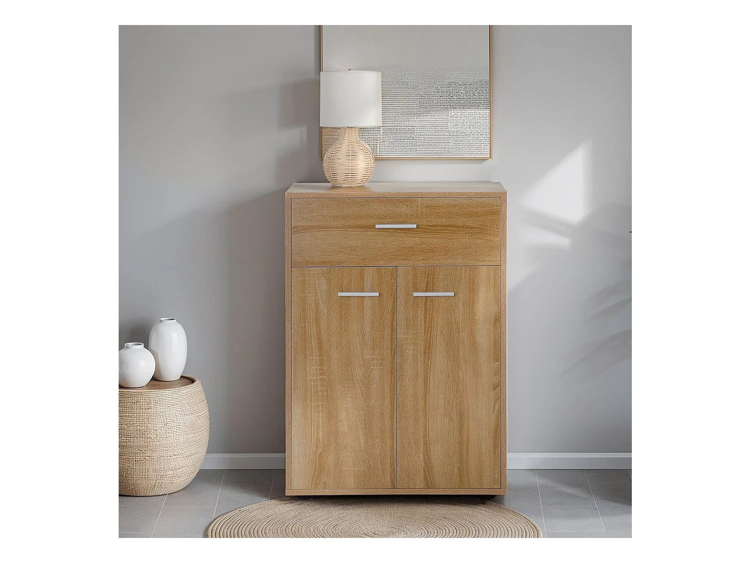 Buffet CALAIS, commode meuble de rangement avec 1 tiroir et 2 portes, en mélaminé décor chêne sonoma