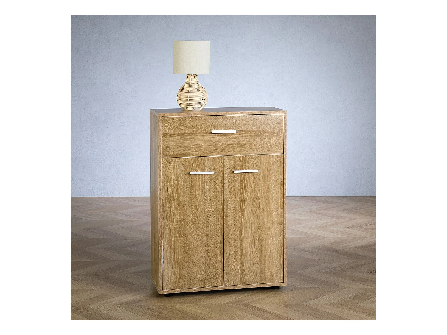 Buffet CALAIS, commode meuble de rangement avec 1 tiroir et 2 portes, en mélaminé décor chêne sonoma