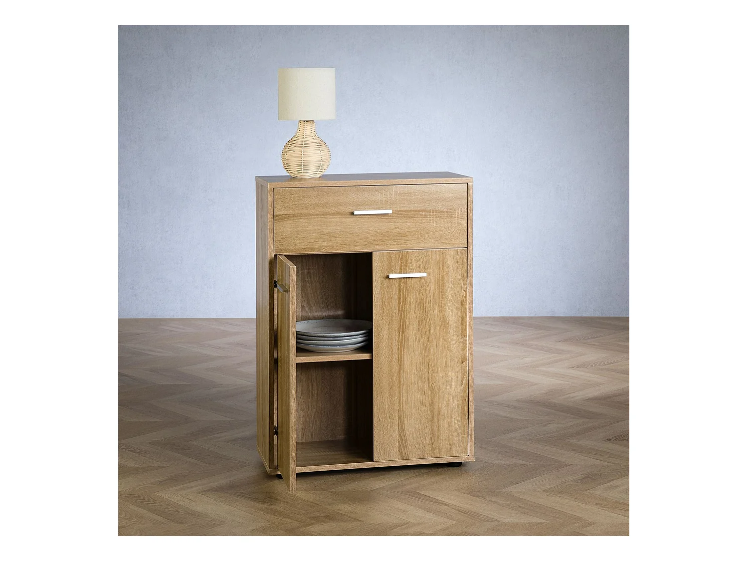 Buffet CALAIS, commode meuble de rangement avec 1 tiroir et 2 portes, en mélaminé décor chêne sonoma