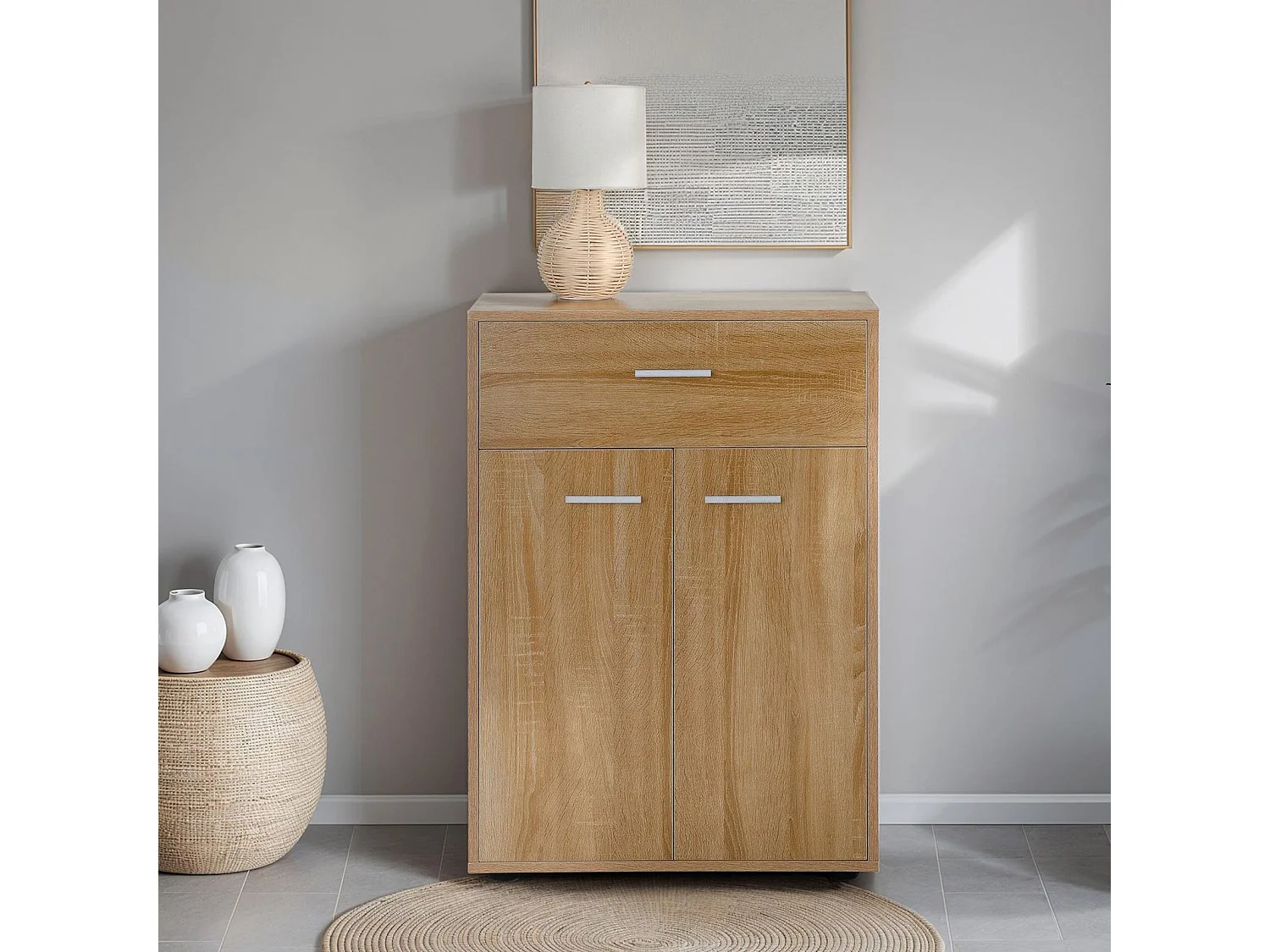 Buffet CALAIS, commode meuble de rangement avec 1 tiroir et 2 portes, en mélaminé décor chêne sonoma