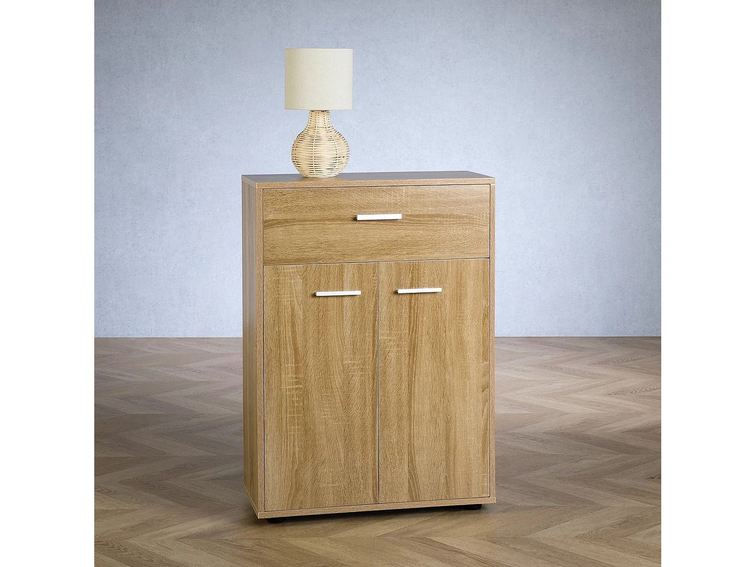 Buffet CALAIS, commode meuble de rangement avec 1 tiroir et 2 portes, en mélaminé décor chêne sonoma