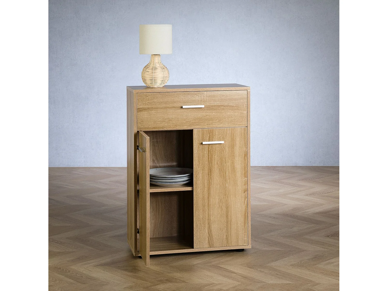 Buffet CALAIS, commode meuble de rangement avec 1 tiroir et 2 portes, en mélaminé décor chêne sonoma