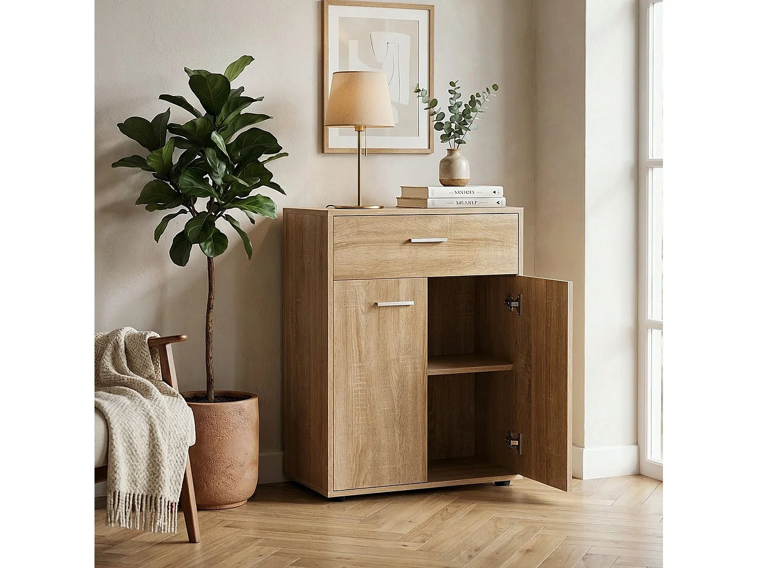 Buffet CALAIS, commode meuble de rangement avec 1 tiroir et 2 portes, en mélaminé décor chêne sonoma