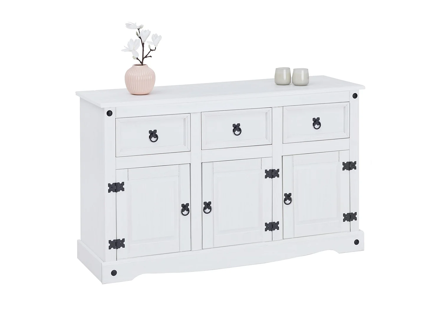 Buffet RURAL commode bahut vaisselier en pin massif blanc avec 3 tiroirs et 3 portes, meuble de rangement style mexicain en bois