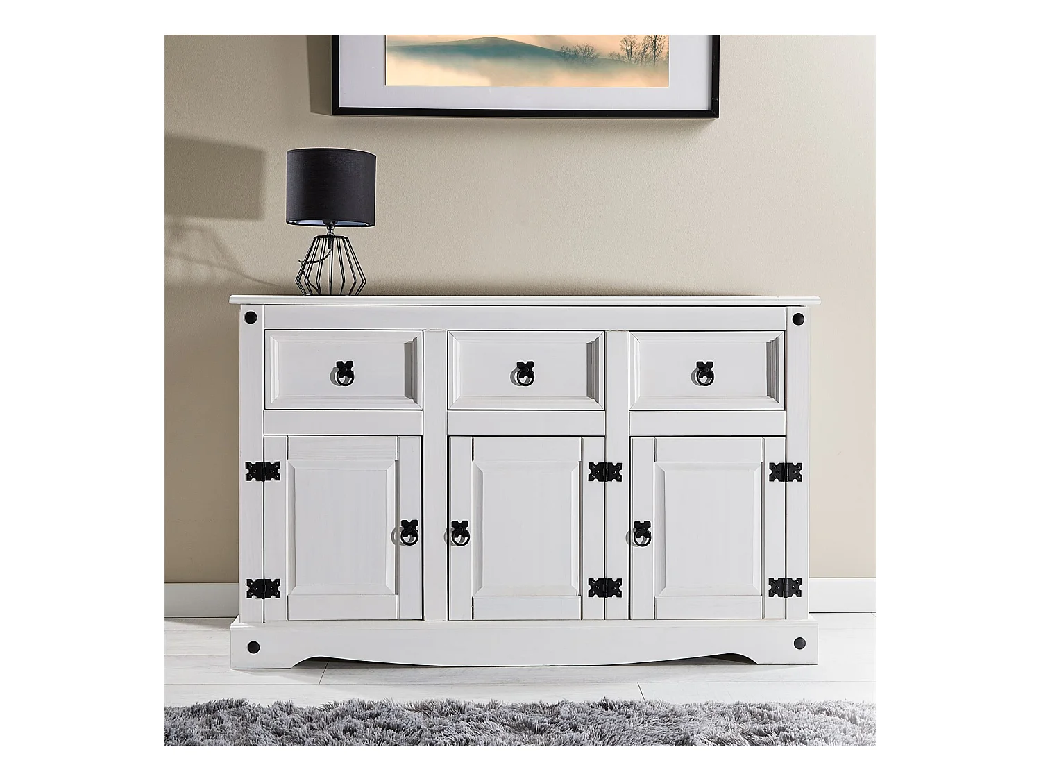 Buffet RURAL commode bahut vaisselier en pin massif blanc avec 3 tiroirs et 3 portes, meuble de rangement style mexicain en bois