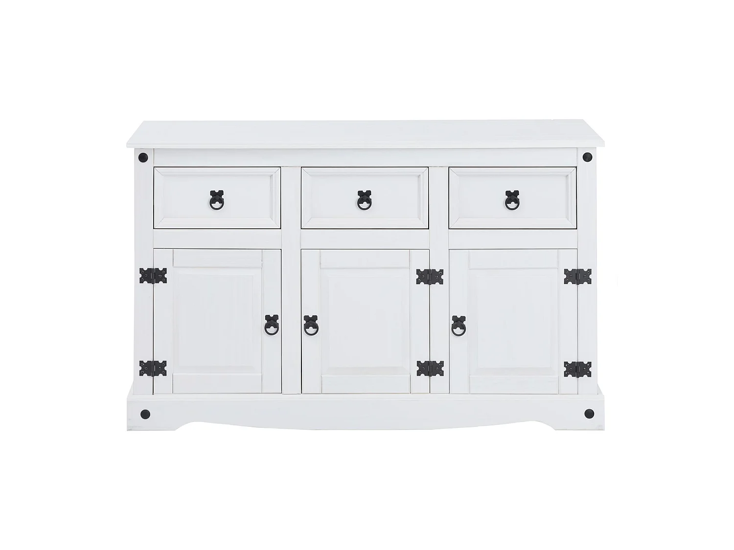 Buffet RURAL commode bahut vaisselier en pin massif blanc avec 3 tiroirs et 3 portes, meuble de rangement style mexicain en bois