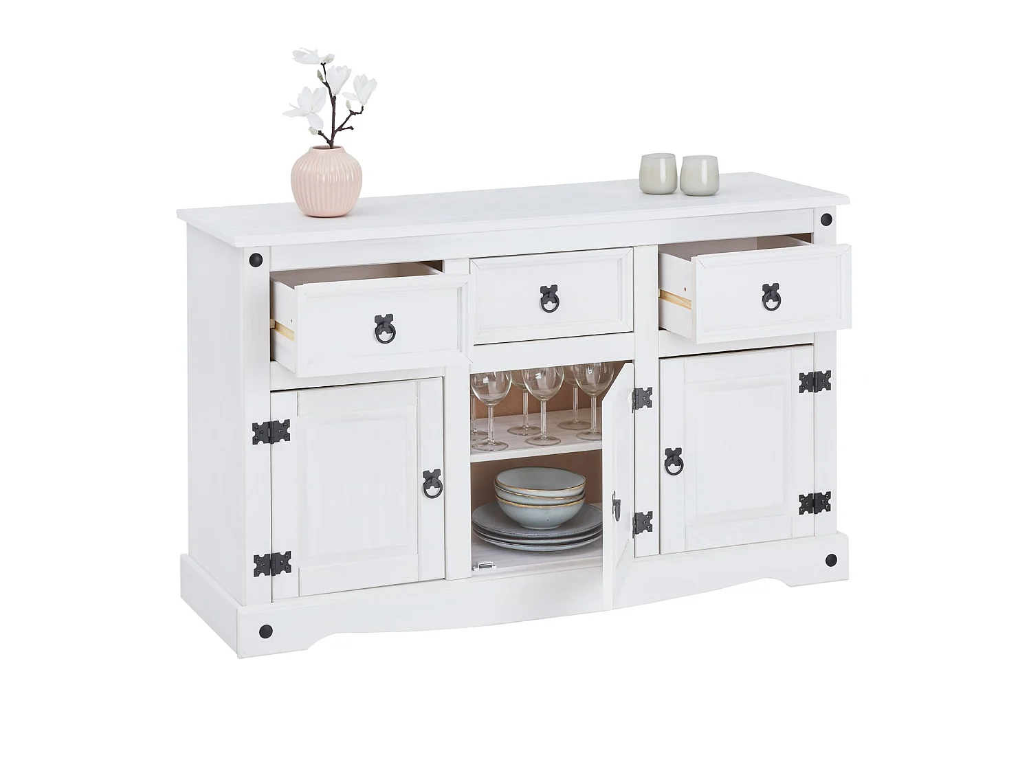 Buffet RURAL commode bahut vaisselier en pin massif blanc avec 3 tiroirs et 3 portes, meuble de rangement style mexicain en bois