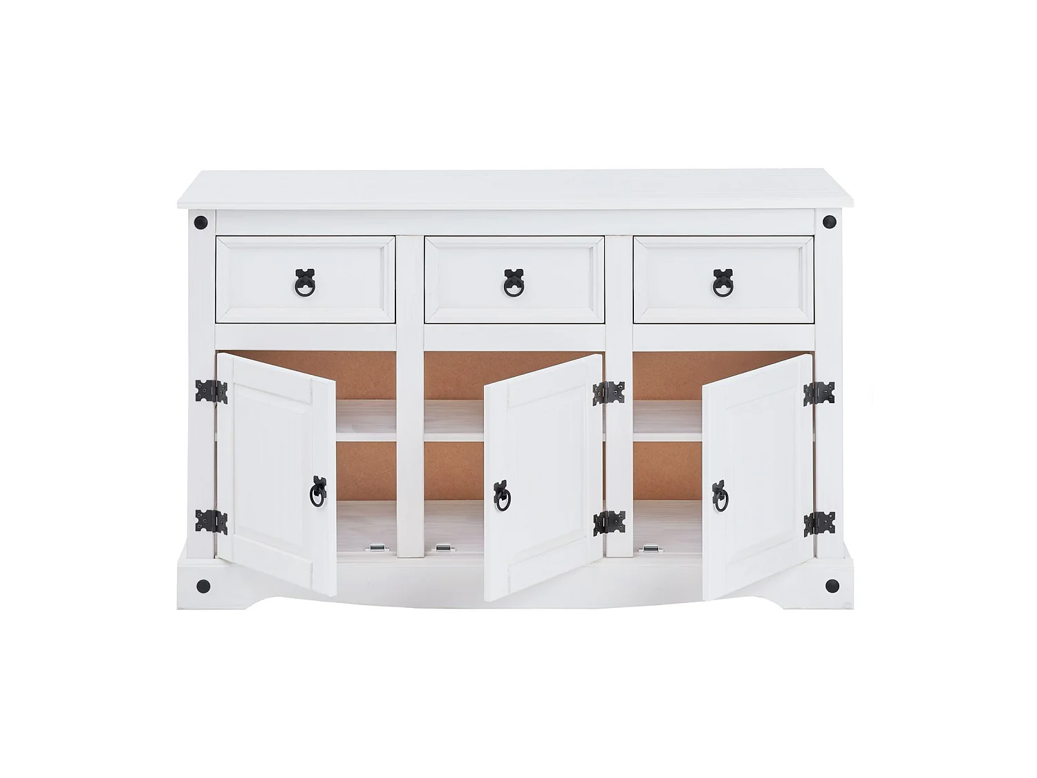 Buffet RURAL commode bahut vaisselier en pin massif blanc avec 3 tiroirs et 3 portes, meuble de rangement style mexicain en bois