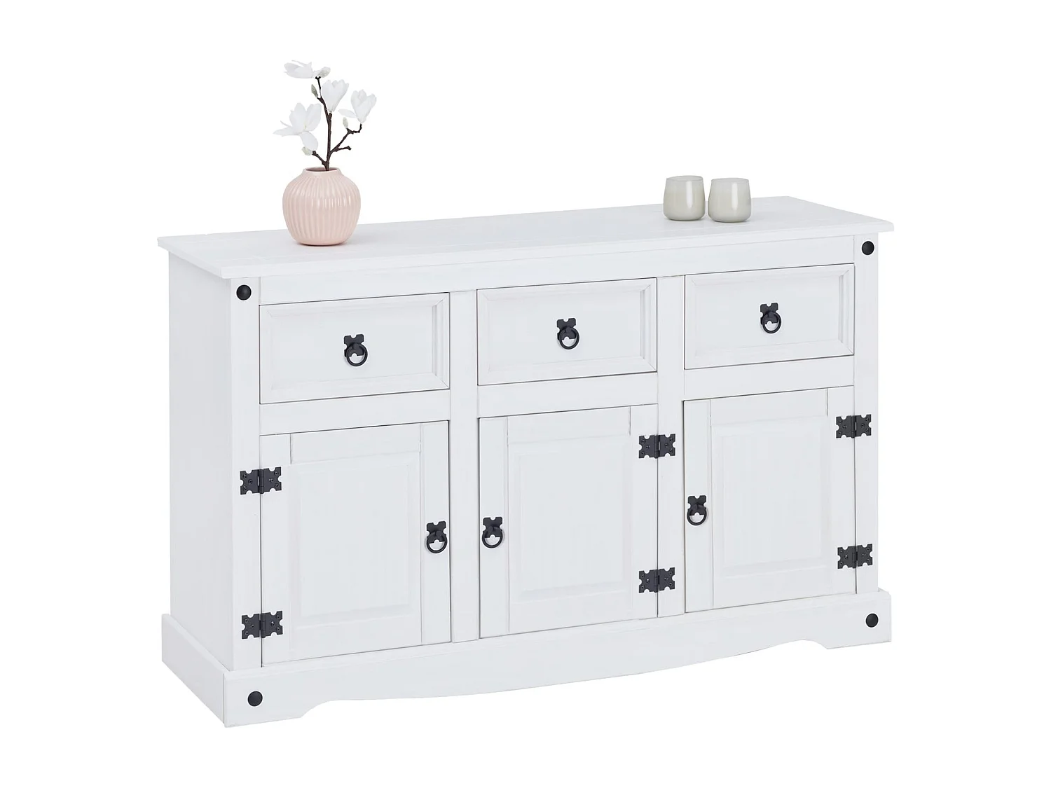 Buffet RURAL commode bahut vaisselier en pin massif blanc avec 3 tiroirs et 3 portes, meuble de rangement style mexicain en bois