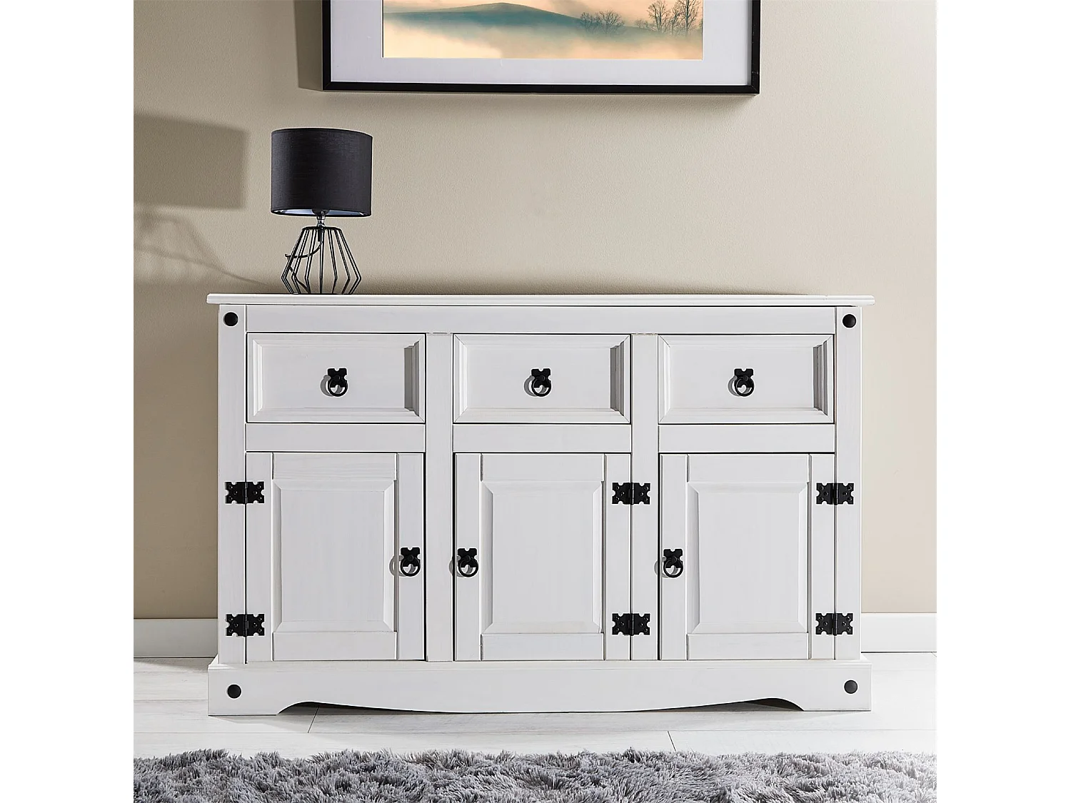 Buffet RURAL commode bahut vaisselier en pin massif blanc avec 3 tiroirs et 3 portes, meuble de rangement style mexicain en bois