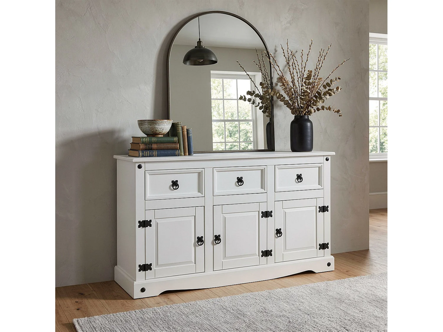 Buffet RURAL commode bahut vaisselier en pin massif blanc avec 3 tiroirs et 3 portes, meuble de rangement style mexicain en bois