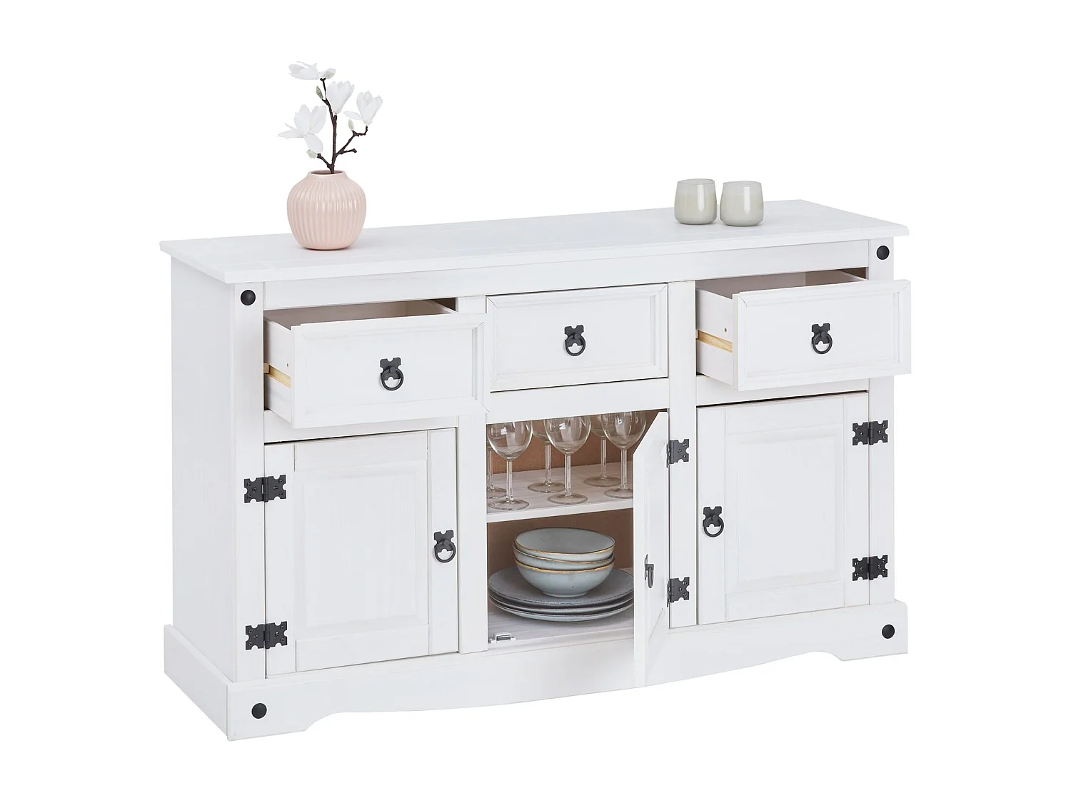 Buffet RURAL commode bahut vaisselier en pin massif blanc avec 3 tiroirs et 3 portes, meuble de rangement style mexicain en bois