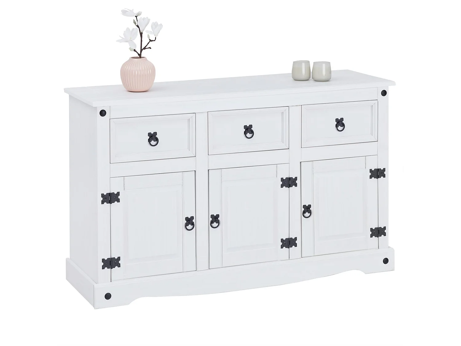 Buffet RURAL commode bahut vaisselier en pin massif blanc avec 3 tiroirs et 3 portes, meuble de rangement style mexicain en bois