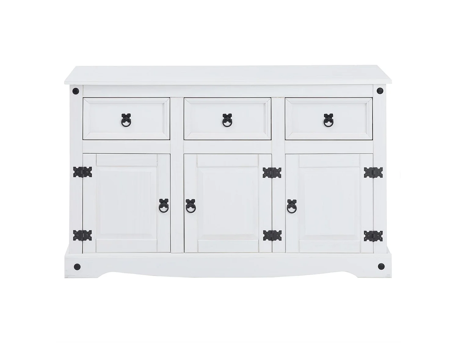 Buffet RURAL commode bahut vaisselier en pin massif blanc avec 3 tiroirs et 3 portes, meuble de rangement style mexicain en bois