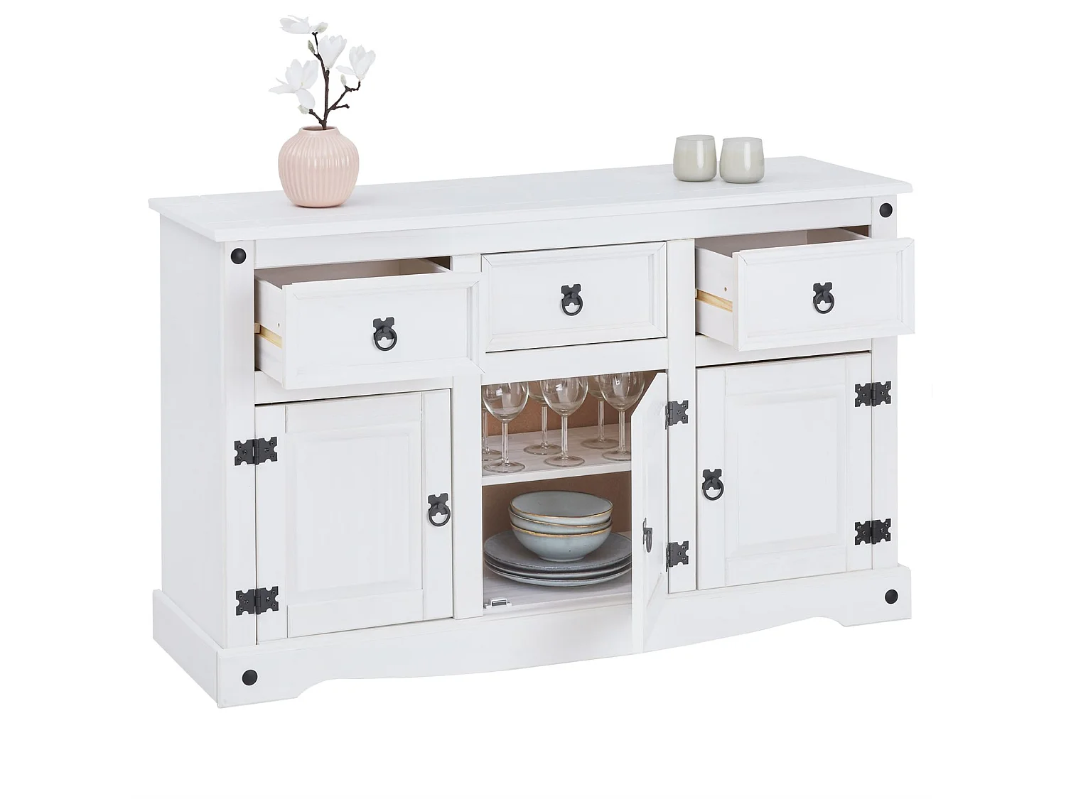 Buffet RURAL commode bahut vaisselier en pin massif blanc avec 3 tiroirs et 3 portes, meuble de rangement style mexicain en bois