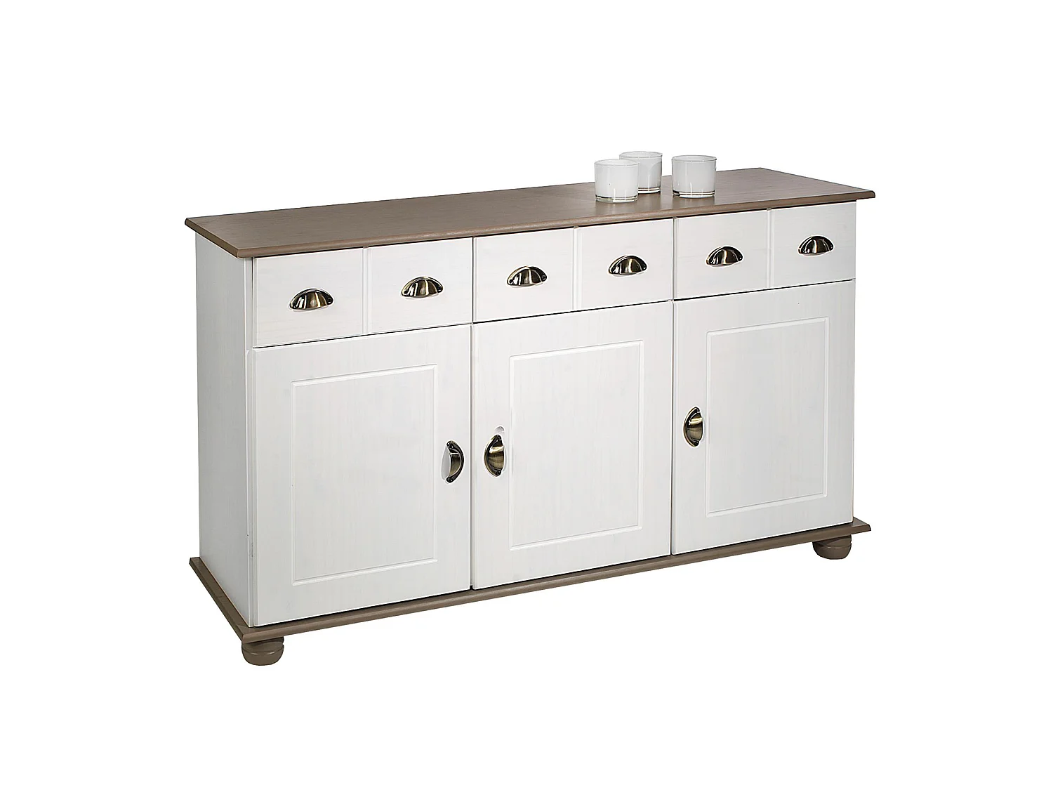 Buffet COLMAR commode bahut vaisselier meuble bas rangement avec 3 tiroirs et 3 portes, en pin massif lasuré blanc et taupe