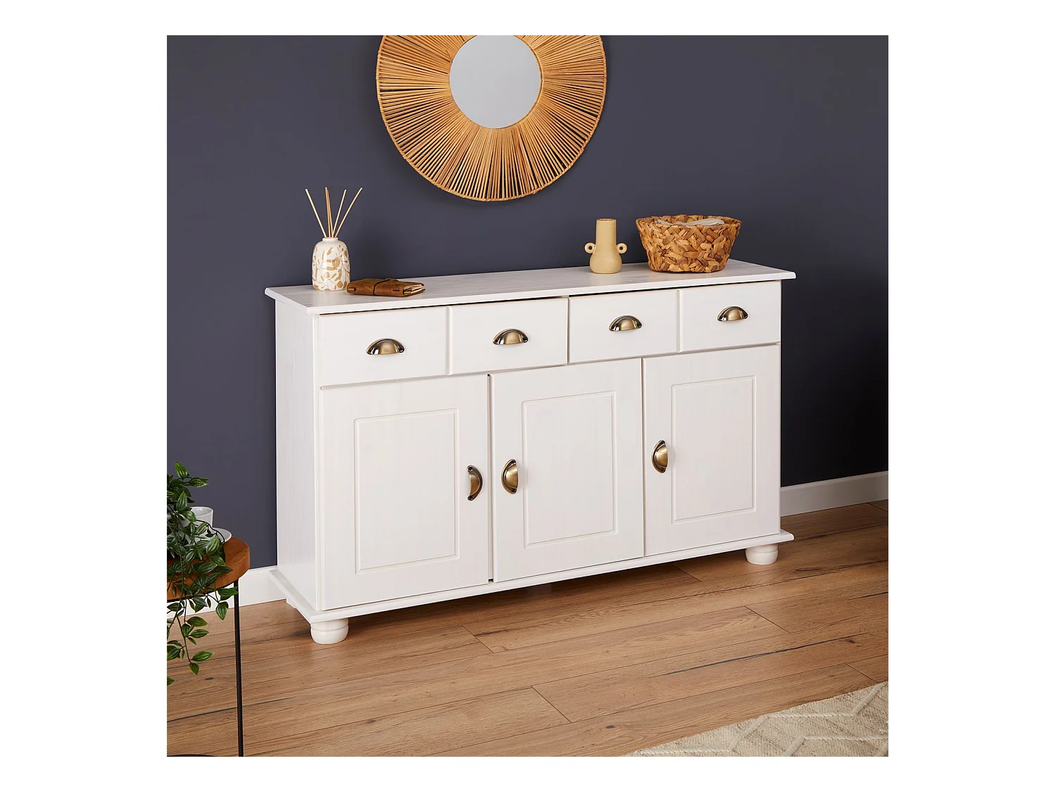 Buffet salle à manger COLMAR en bois massif L116 cm avec 3 portes battantes et 2 tiroirs spacieux, blanc