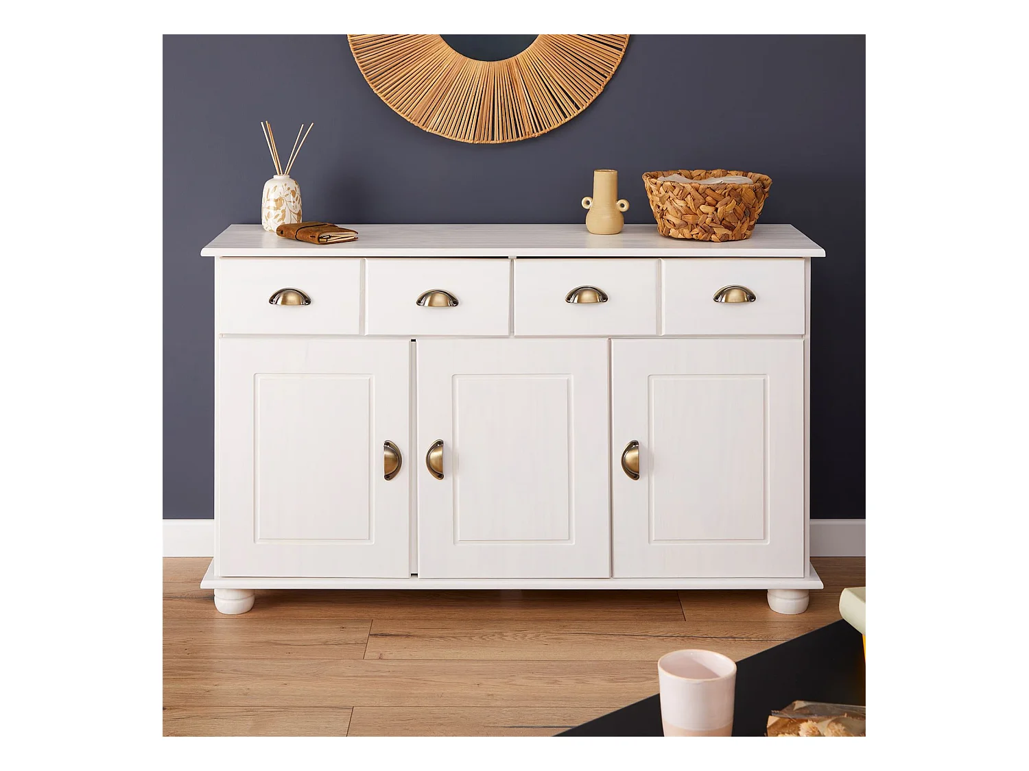 Buffet salle à manger COLMAR en bois massif L116 cm avec 3 portes battantes et 2 tiroirs spacieux, blanc