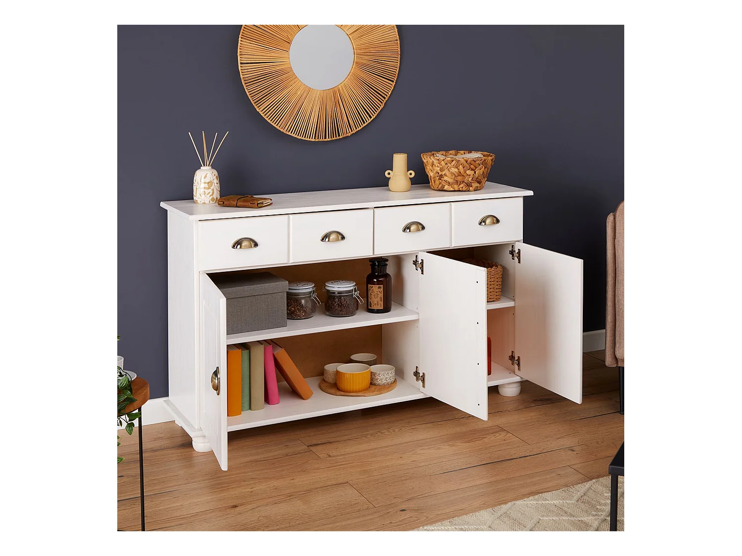 Buffet salle à manger COLMAR en bois massif L116 cm avec 3 portes battantes et 2 tiroirs spacieux, blanc