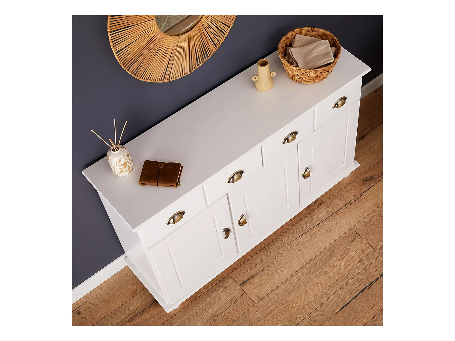 Buffet salle à manger COLMAR en bois massif L116 cm avec 3 portes battantes et 2 tiroirs spacieux, blanc