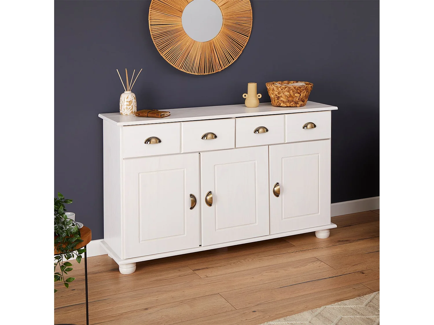 Buffet salle à manger COLMAR en bois massif L116 cm avec 3 portes battantes et 2 tiroirs spacieux, blanc