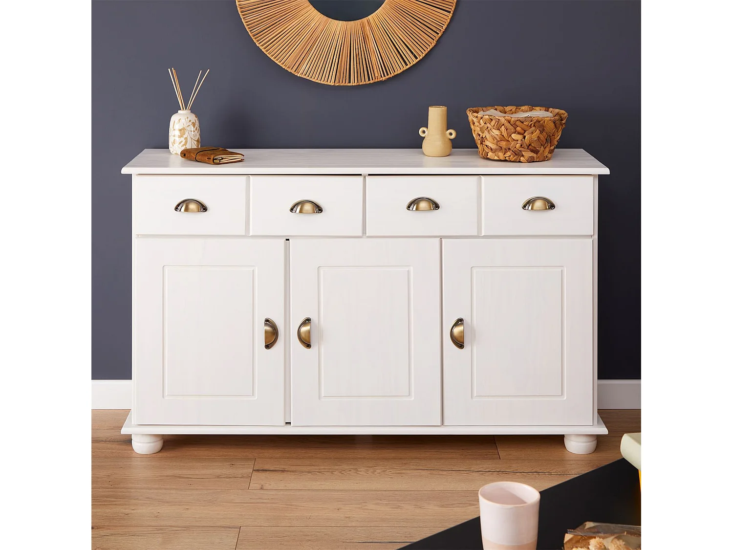 Buffet salle à manger COLMAR en bois massif L116 cm avec 3 portes battantes et 2 tiroirs spacieux, blanc