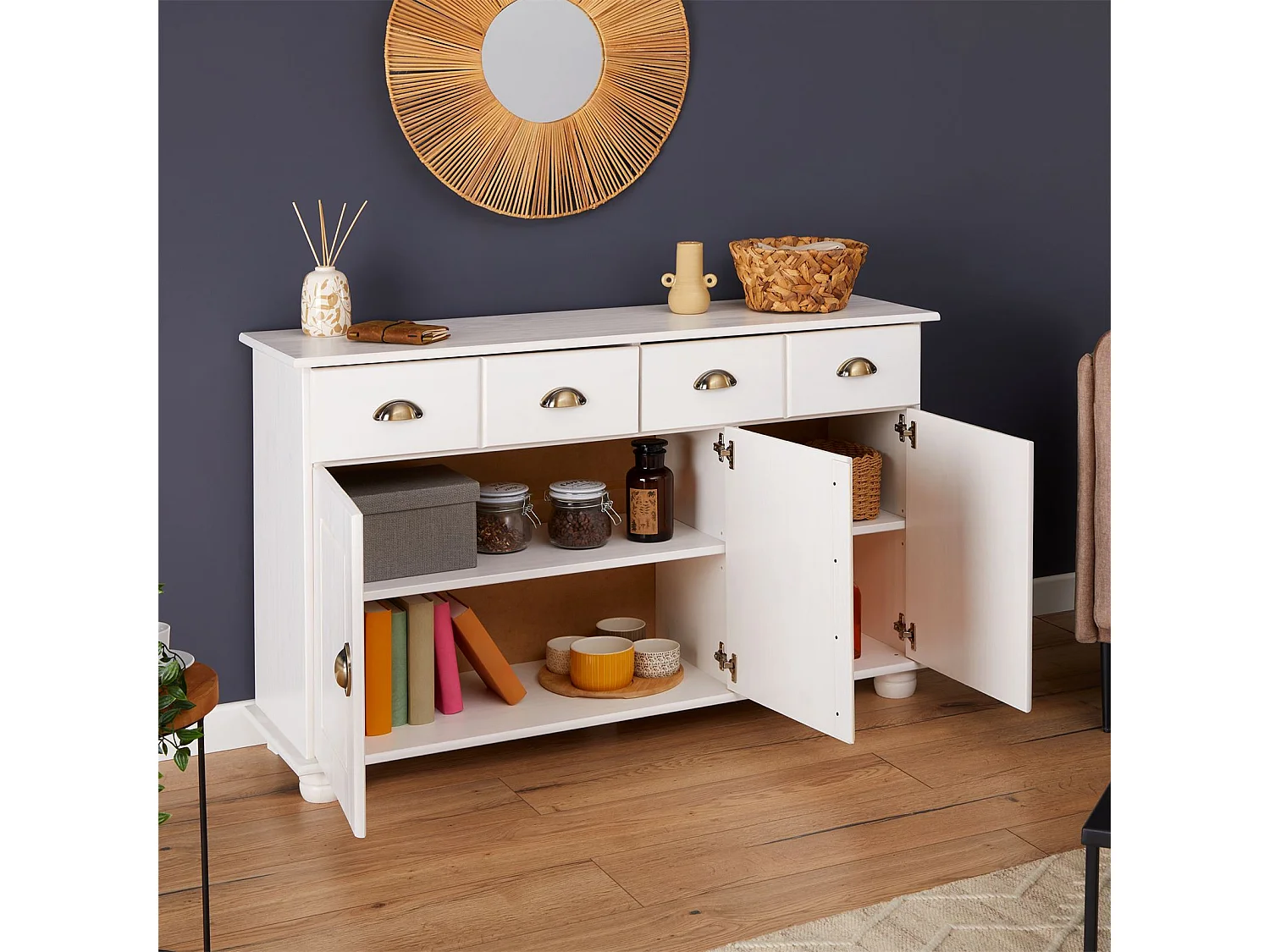 Buffet salle à manger COLMAR en bois massif L116 cm avec 3 portes battantes et 2 tiroirs spacieux, blanc