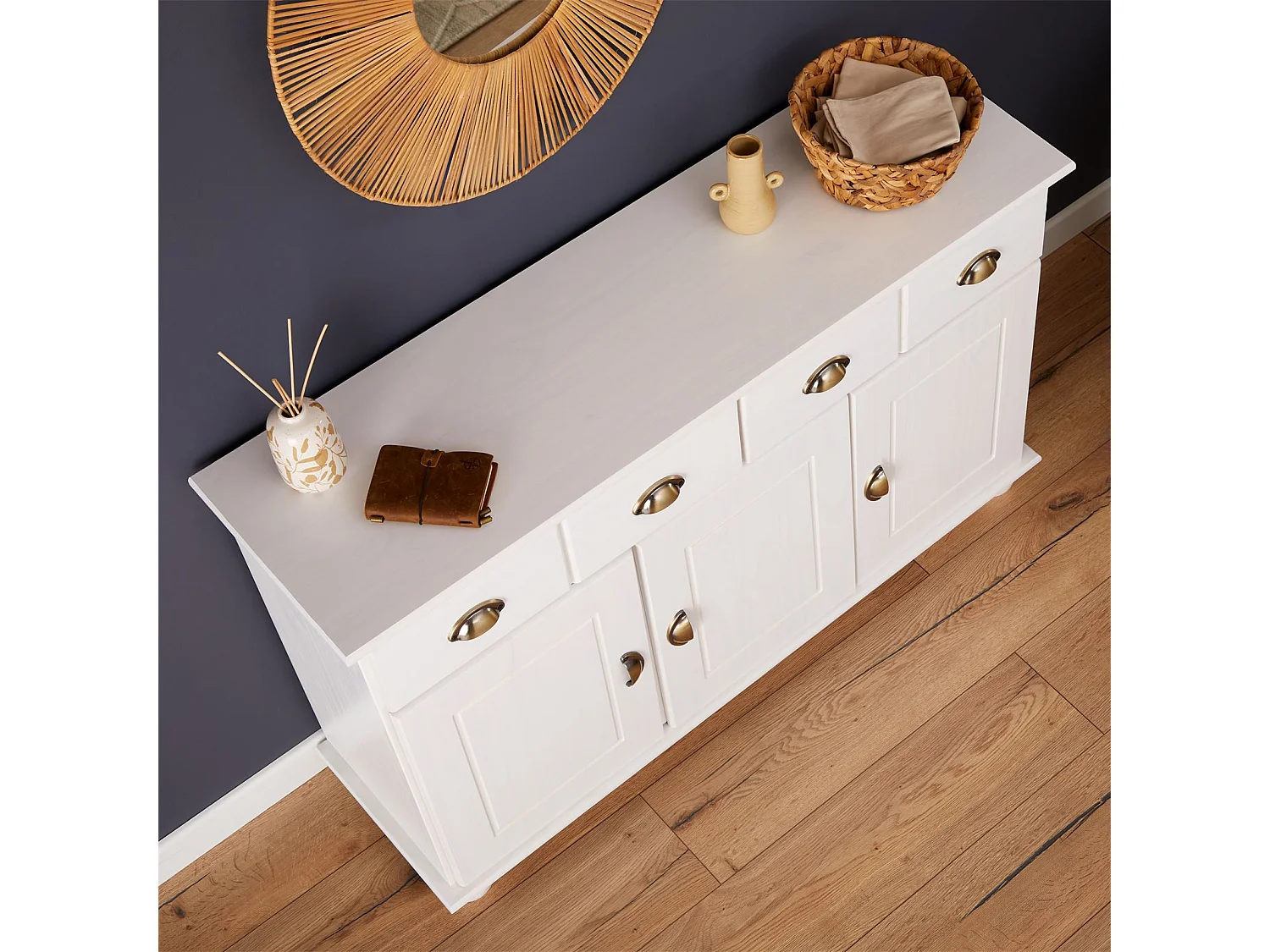 Buffet salle à manger COLMAR en bois massif L116 cm avec 3 portes battantes et 2 tiroirs spacieux, blanc