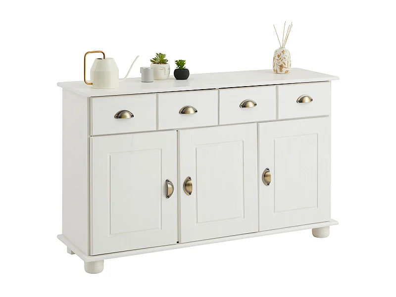 Buffet salle à manger COLMAR en bois massif L116 cm avec 3 portes battantes et 2 tiroirs spacieux, blanc