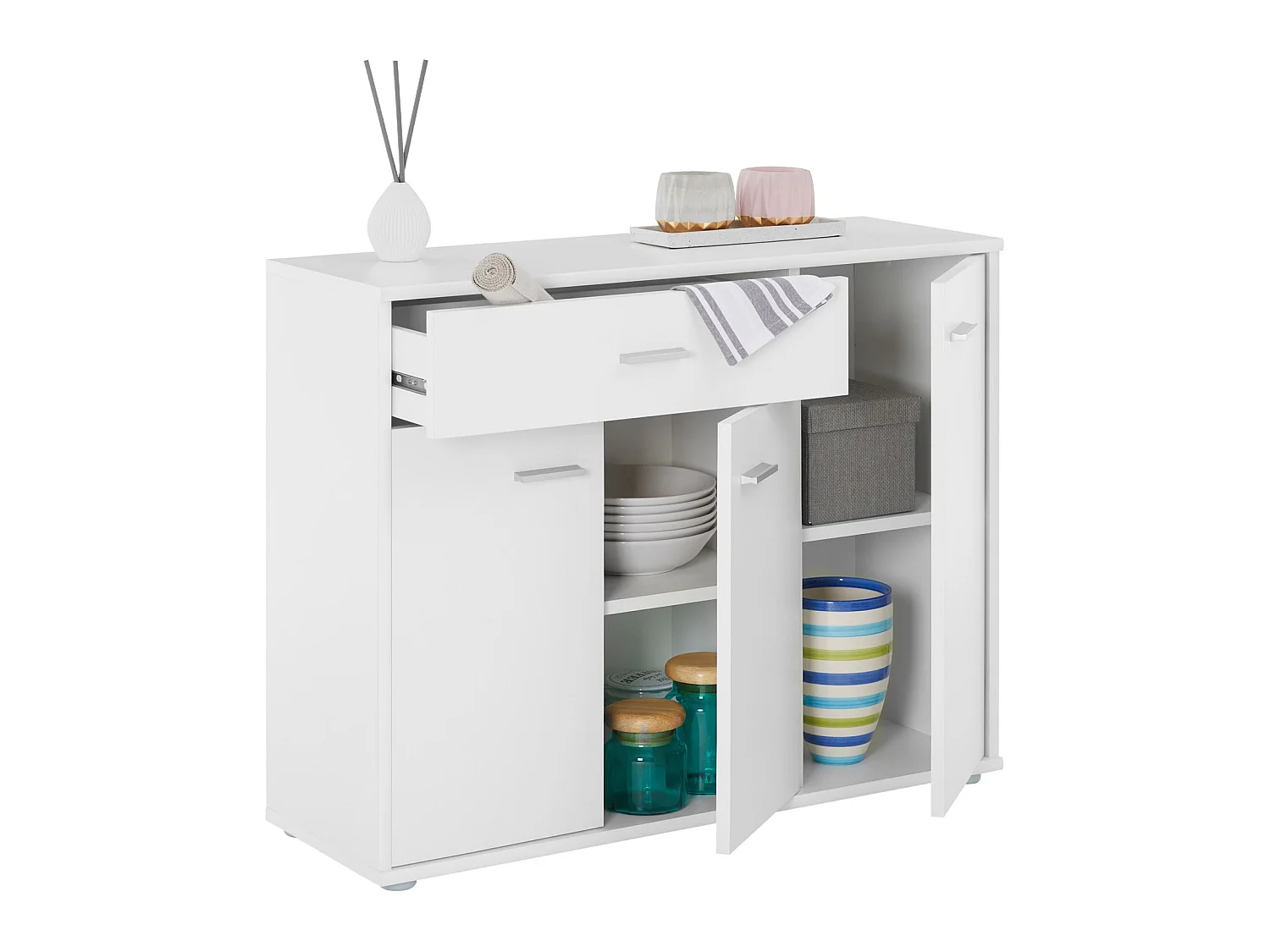 Buffet salle à manger CORLAINE L 88 cm blanc avec 1 tiroir et 3 portes, bahut bas, meuble de rangement