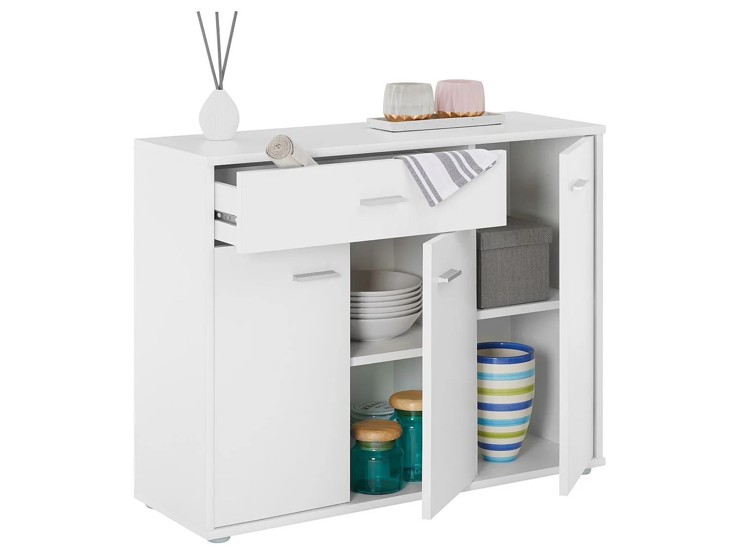 Buffet salle à manger CORLAINE L 88 cm blanc avec 1 tiroir et 3 portes, bahut bas, meuble de rangement