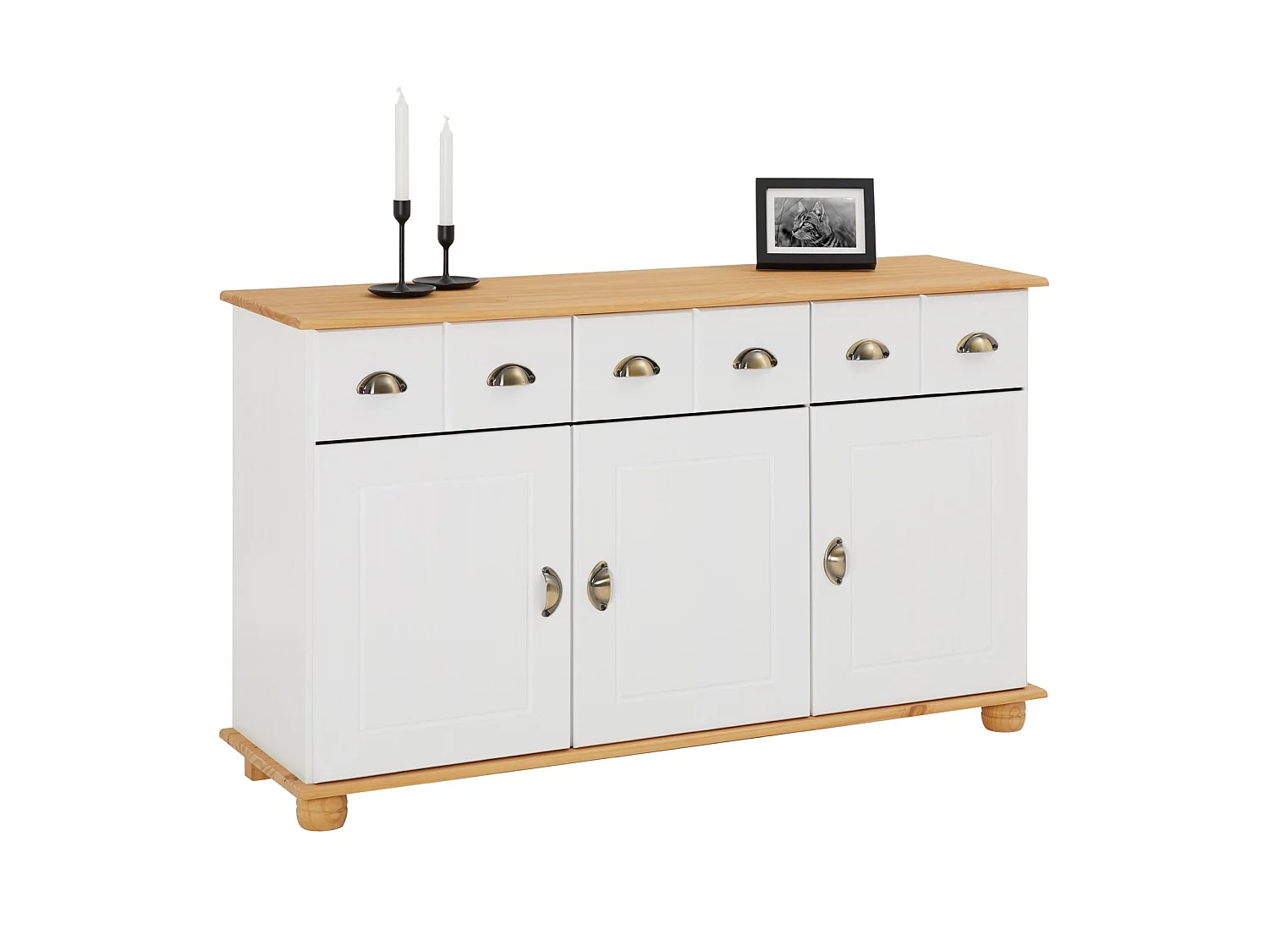 Buffet salle à manger COLMAR en bois massif L 134 cm avec 3 portes battantes et 3 tiroirs spacieux, blanc et brun